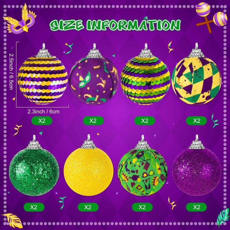 16Pcs Mardi Gras Ball Ornaments, Shatterproof Mardi Gras Decoration Tree