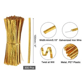 sourcing map 4" Twist Ties, Metallic Twist Ties, Reusable Plastic Coated Twist Ties for Bakery, Candy Bags, Coffee Bags, Goodie Bags, Pack of 300, Shiny Gold