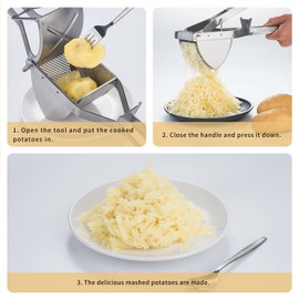 Stainless Steel Potato Ricer with Dough Scraper - Masher for Mashed Potatoes, Gnocchi & Fruit - Dishwasher Safe