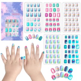 SIUSIO 120 Pieces 5 Pack Children's Acrylic Fake Nails Press on Pre-Glue Full Cover Glitter Gradient Colour Short False Nail Art Kits Sets Great Gift for Children Little Girls - Mermaid Beach