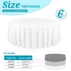 YMHPRIDE 6 Pack White Tablecloths - 120 Inch Polyester Round Table Covers, Washable Fabric for Wedding, Party, Dining, Banquet