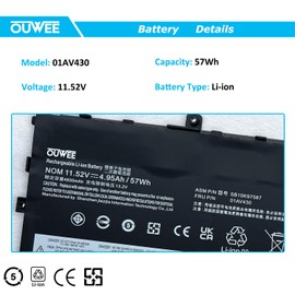 OUWEE 01AV430 Laptop Battery Compatible with Lenovo ThinkPad X1 Carbon 5th Gen/X1 Carbon 6th Gen Series Notebook SB10K97587 01AV431 SB10K97588 01AV494 01AV429 SB10K97586 11.52V 57Wh 4950mAh