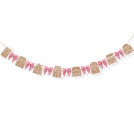 SmoothNovelty 8.2 ft Christmas Gingerbread House and Pink Bow Garland Christmas Gingerbread House Hanging Decor Pre-Strung Paper Pink Bow Banner for Home Xmas Party Holiday Wall Decor