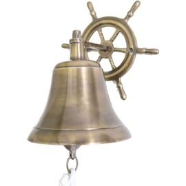 Antik 2000 Brass Bell Burnished with Steering Wheel and Cord for Wall Hanging. Maritime Decoration for the Ship Lover