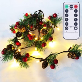 Christmas Garland Lights with Remote and Timer 6.56FT Pine Cone Lights with Red Berry 20 LED Battery Operated Garland String Lights 6 Brightness Pinecones Decor Lights for Thanksgiving Xmas Holiday