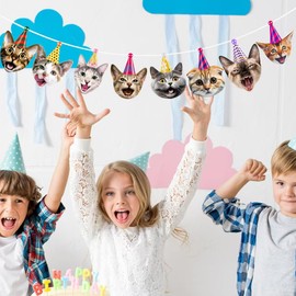 Funny Party Decorations Kids Boys Girls Women Men Adult Birthday Garland Cat Faces Happy Birthday Banner Kitten Bunting Photo Props for Cat Themed Party Pet Adoption
