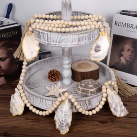 Oyster Shells Wood Bead Garland - Coastal Christmas Decorations 2M/78in with 7PCS Handmade Crafts Oyster Shells Ornaments, for Coastal Beachy Christmas Decor, Home Interior Decor