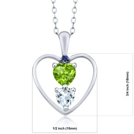 925 Sterling Silver Green Peridot Sky Blue Aquamarine and Blue Created Sapphire Pendant Necklace For Women (0.76 Cttw, Gemstone August Birthstone, Heart 5MM and 4MM, with 18 Inch Silver Chain)