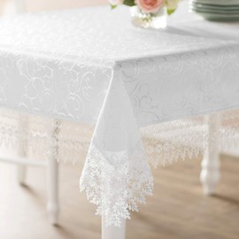 Violet Linen Flower Bow Vintage Lace Pattern Polyester Damask Jacquard Tablecloths, 70" X 140", White