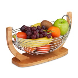 Relaxdays Fruit Hammock, Bamboo and Stainless Steel, Grid Design, Decorative Fruit Bowl, H x W x D: 18.5 x 38 x 23 cm, Natural/Silver