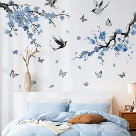 2 PCS Watercolor Blue Flower Branches Wall Stickers for Bedrooms Wall Murals for Bedrooms 90 * 28.5cm Suitable for Bedroom Living Room Sofa TV Background Decoration
