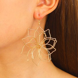 TseenYi Large Lotus Flower Earrings Gold Hollow Flower Earrings Large Lotus Dangle Earrings Vintage Giant Floral Earrings Exaggerated Flower Drop Earrings Statement Metal Earrings, Zinc