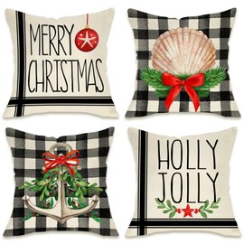Fahrendom Merry Christmas Nautical Decorative Throw Pillow Covers 18 x 18 Set of 4, Beach Coastal Xmas Shell Anchor Holly Jolly Pillowcase, Winter Holiday Buffalo Plaid Couch Cushion Case Home Decor