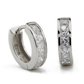 Sterling Silver 10mm Huggie Hoop Small Square Sleeper CZ Crystal Earrings