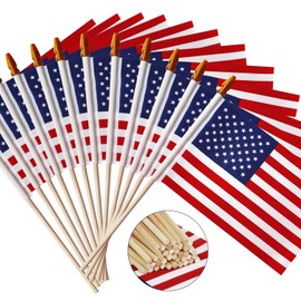 Anley LOT OF 50 - US National 4x6 in Wooden Stick Flag - July 4th Decoration, Veteran Party, Grave Marker, etc. - HandHeld American Flag with Kid Safe Golden Spear Top (Pack of 50)