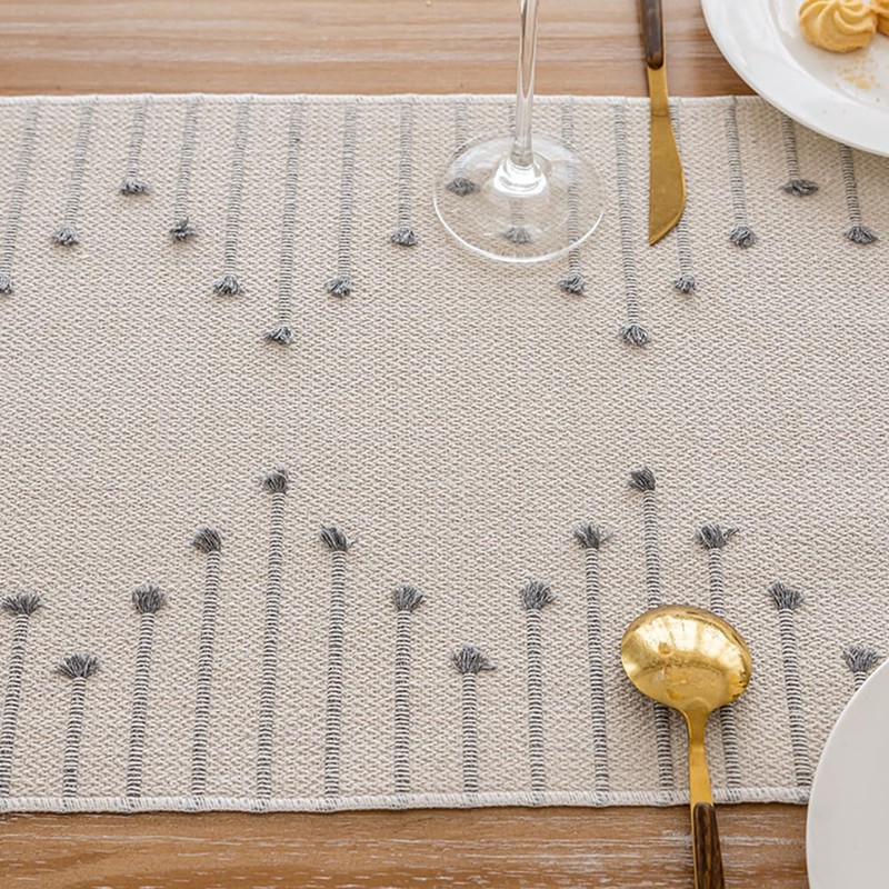 Boho Table Runner, Natural Cotton Woven Runner with Tassels Fall