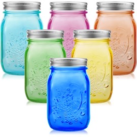 Tessco 6 Pcs 16 oz Colored Mason Jars with Lids Regular Mouth Glass Canning Jar for DIY Crafts Flower Decor, Storage, Canning, Pickling, Preserving, Fermenting, Dishwasher Not Allowed(6 Colors)