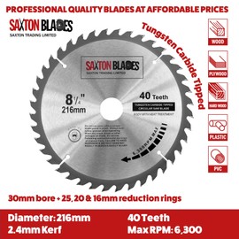 TCT21640T Saxton TCT Circular Wood Saw Blade 216mm x 30mm Bore x 40T for Bosch Makita Dewalt