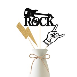 Musical Rock & Roll Centerpiece Sticks, Musical Theme Birthday Decorations, Born To Rock, 80s 90s Hippie Music Themed Baby Shower Party Supplies 12 Pieces Black Gold