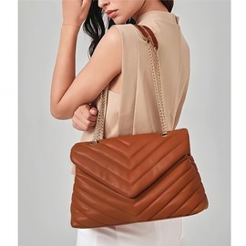 Quilted Crossbody Bag for Women, Soft Vegan Leather Chevron Purses, Trendy Shoulder Handbags with Gold Chain Strap (Brown)