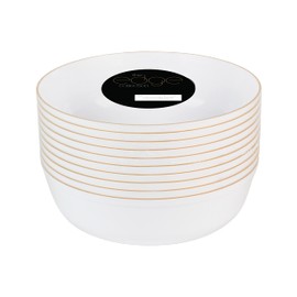 PLASTICPRO [30 Pack 16 OZ Bowls] Edge Collection White with Gold Rim Plastic Party Soup Bowls Premium heavyweight Elegant Disposable Tableware Dishes