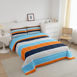 jejeloiu Comforter Set for Girls Boys Kids Twin Size Blue Orange Brown Stripe Line Comforter Multicolor Room Decorations Geometric Bedding Set Duvet Set Quilt Set