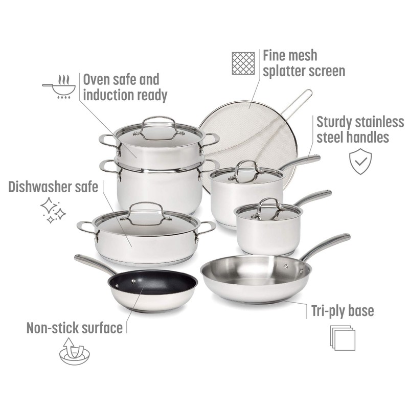 Goodful 12-Piece Classic Stainless Steel Cookware Set with Tri-Ply Base
