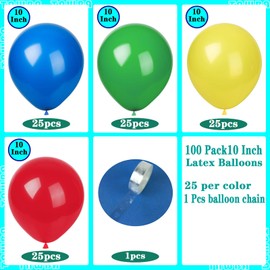 TNWBA Red Green Blue Yellow Balloons,100 Pack 10 inch Latex Balloons,Birthday Wedding Baby Shower Party Decoration