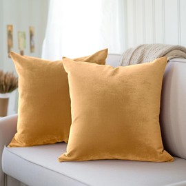 Encasa Christmas New Year VELVET Cushion Covers 2pc Set (45 x 45 cm) - Gold Solid Plain Dyed, Soft & Smooth, Washable, Square Decorative Large Throw Pillow Case for Couch, Sofa, Chair, Bed