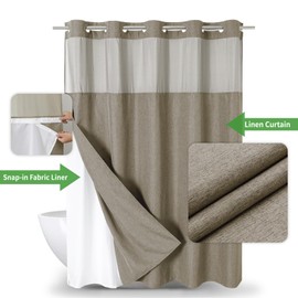eachope Extra Long No Hooks Needed Linen Textured Shower Curtain with Snap-in Fabric Liner Set,Hotel Luxury Decor Shower Curtains for Bathroom,Waterproof & Washable,71Wx86H,Khaki/Tan