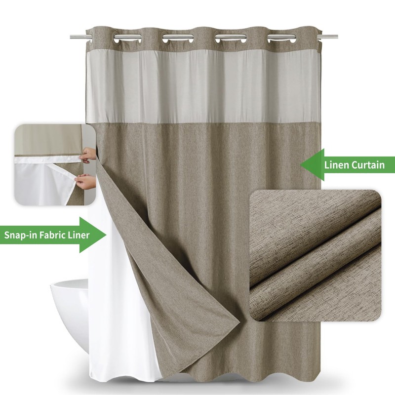 eachope Extra Long No Hooks Needed Linen Textured Shower Curtain
