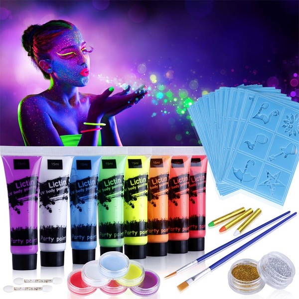 Lictin Fluorescent Coloured Paint, Neon Kit for Skin Face Body, Neon Party UV Body Painting, 8 Fluorescent Paint, 6 Make-up, 4 Brushes, 3 Coloured Pastels, 2 Glitters, 20 Dies