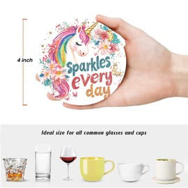ubcindy Pink Rainbow Unicorn Coasters Set of 6 for Drinks,Absorbent Ceramic Coaster with Metal Holder Cork Base, Sparkles Every Day Inspiration Flower Fairy Coasters for Coffee Table Home Decor Gifts
