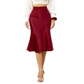 ALCEA ROSEA Womens Satin High Waisted Silk A-line Wedding Elegant Elastic Midi Skirt(Wine Red, Medium)