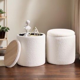 Ottoman Poufs with Storage, Set of 2 Soft Upholstered Vanity Stool,Multifunctional Ottomans Coffee Table Padded Seat Foot Rest for Living (White, Round)