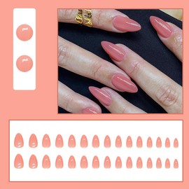 30 Pcs Spring Press on Nails Extra Short Almond - LINMEIZAI Short French Tip Fake Nails Press ons Nail Tips Glue on Nails Full Cover Acrylic Nail Kit False Nails Coral Orange Nail Art Design for Women