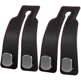 QWEZOTUY 2PCS Car Seat Back Storage Headrest Hooks, Genuine Leather Double Metal Hook for Backseat Organizer for Men Women Car Organization Accessories (Black Red Line-Metal Hook)