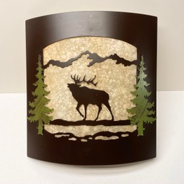Rustic Elk with Painted Pine Tree Wall Sconce - Frosted Amber Glass & Burnished Bronze Metal Light - Lodge Cabin Decor - Woodland Nature Wall Light Fixture