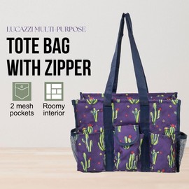 Lucazzi Utility Tote Bag with Zipper Top - Large Multipurpose Organizer Bag for Teachers, Nurses, Work, Students, Knitting, Crafts - Tote Organizer with Multi-Compartment Pockets - Cactus Purple