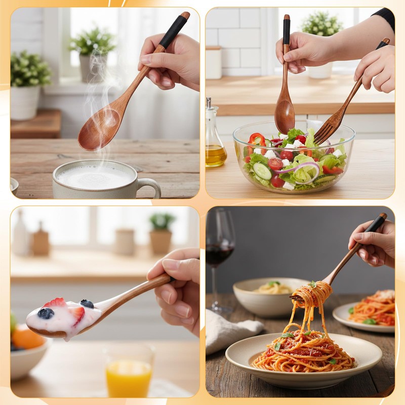 6 Pcs Wooden Spoon and Fork for Eating Utensil Set,