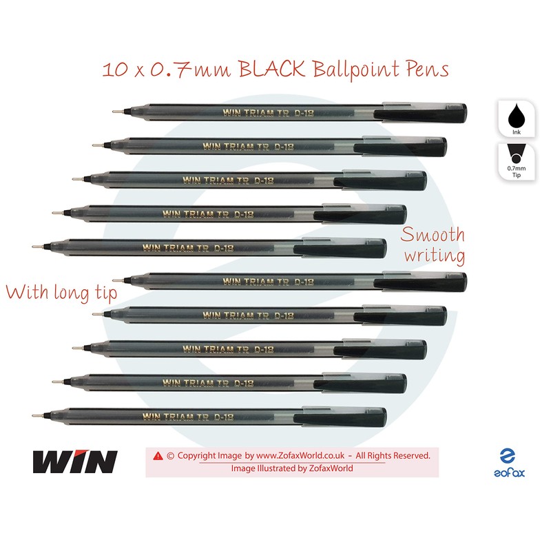 WIN 10 x 0.7mm Ball Pen Triam BLACK Smooth Ballpoint