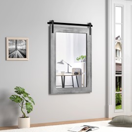 COGOOD Farmhouse Bathroom Mirror - 42 x 29 Rustic Barn Door Style Mirror for Living Room, Entryway, Vanity Wall Decor (Grey)