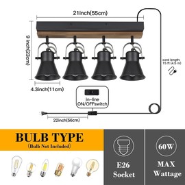 SEEBLEN 4-Light Plug-in Track Lighting, Adjustable Ceiling Spotlight,Industrial Black Kitchen Track Lighting Fixtures Ceiling for Living Room, Dining Room, Hallway,Bathroom.