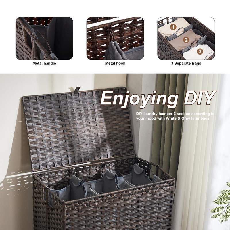 Laundry Hamper with Lid, 190L Large Laundry Basket 3 Section