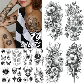 Acevegue 79 Sheets Temporary Tattoos for Women, Flowers/Wild Plant/Skeleton/Butterfly Tattoo Stickers, Fake Tattoos Transfers Semi Permanent Tattoos for Women and Girls