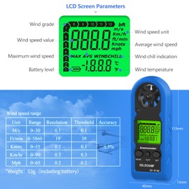 Anemometer Handheld, Mini Digital Wind Speed Meter, Measuring Temperature, Max/Average/Current Wind Speed, Wind Chill Indication, LCD Backlight Air Flow Gauge for HVAC, Outdoor Activities