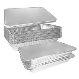 Heavy Duty Full Size Shallow Aluminum Pans with Lids Foil Roasting & Steam Table Pan 21x13 inch - Shallow Chafing Trays for Catering Disposable Large Pans for Baking, Reheating, Grilling (50 PACK)