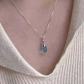 Inateannal Vintage Blue Drop Pendant Necklace Silver Crystal Necklace Chain Drop Moonstone Chain Necklace Minimalist Moonstone Necklace Jewellery for Women, Zinc, No Gemstone