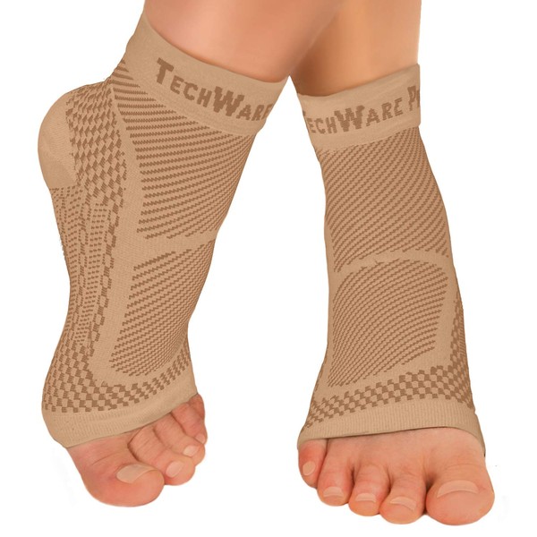 TechWare Pro Ankle Brace Compression Sleeve - Relieves Achilles Tendonitis, Joint Pain. Plantar Fasciitis Foot Sock with Arch Support Reduces Swelling & Heel Spur Pain. (Beige, L/XL)