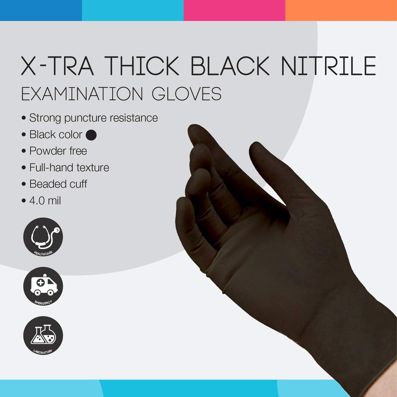 ASAP Black Nitrile Powder Free Examination Gloves, Disposable, 4 mil,